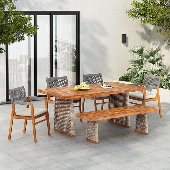 Christopher Knight Home Pasco Acacia Wood Outdoor Dining Table Set for 6, Wicker Patio Dining Set with Acacia Wood Table and Bench, Patio Table and Chair Set with Cushion+Rope Backrest,Brown+Teak+Grey