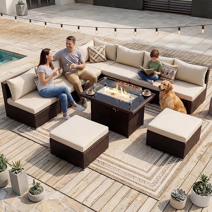 NICESOUL 10 Piece Patio Furniture Sectional Set with Fire Pit Propane/Natural Gas Convertible, 29.3'' High Back Deep Wide Outdoor Couch, 9 Seater Oversized High-End Wicker Conversation Sofas, Brown