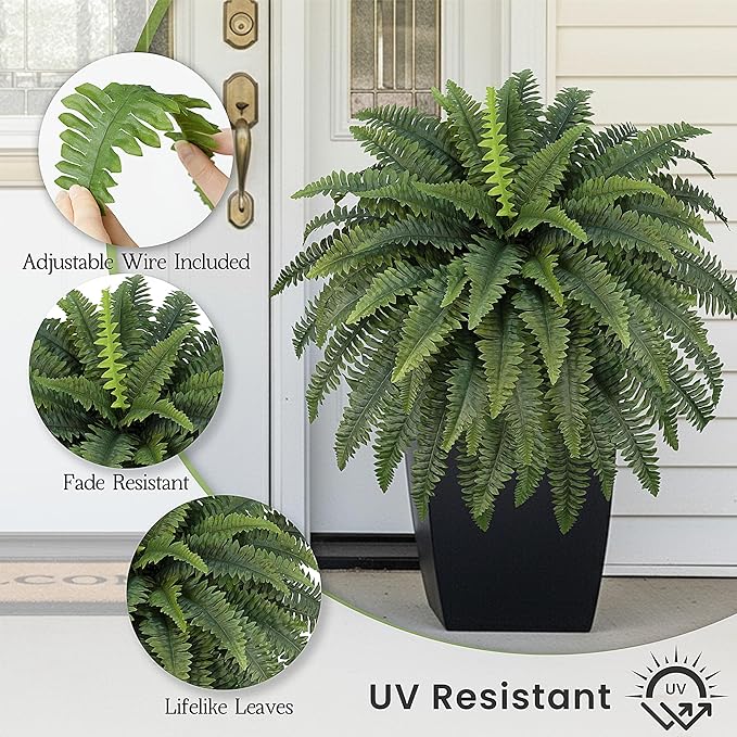 42" Artificial Boston Fern Large Bush Plants, 2 Bundles of Fake Ferns with 65 Fronds for Outdoors Home Decor