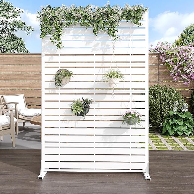Casaphoria 72" H x 47" W Metal Privacy Screen, Outdoor Freestanding Decorative Divider for Patio, Deck, Balcony, and Garden with Stable Base, White-Adams