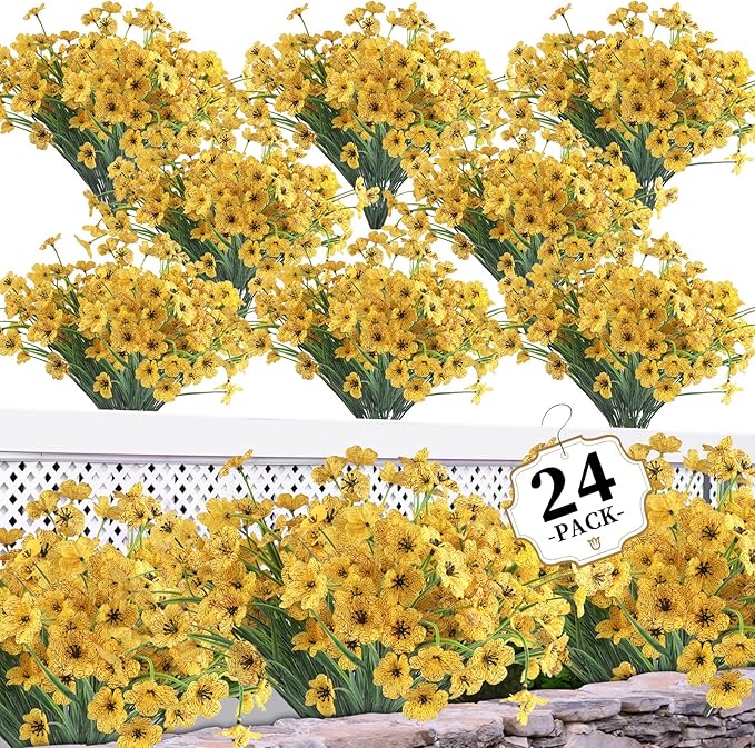 24 Yellow Bundles Artificial Flowers for Outdoors/Indoors Fake Flowers Plants for Indoor Outside Garden Porch Window Box Home Wedding Farmhouse