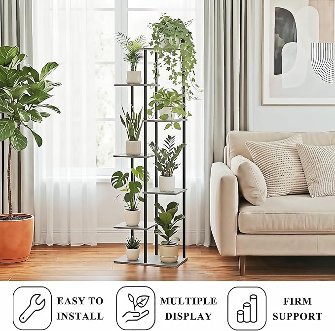 Plant Stand Indoor 7 Tier 8 Potted Metal Wood Plant Shelf, Multiple Flower Pots Corner Tall Plant Holder Stands for Living Room Balcony Bedroom, Oak Grey