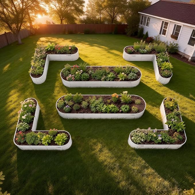 A ANLEOLIFE Set of 6, 18 Inch Tall Antique White Raised Garden Beds Kit, Heart-Shaped & Long Oval Planters for Custom Decorative Gardens.