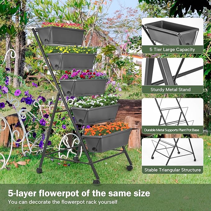 GENMOUS 5 Tier Raised Garden Bed Tall 45FT Vertical Elevated Garden Planter Standing Garden Bed Planter Box with Drainage Holes Removable Tray Outdoor Herb Planter Stand on Patio Balcony Porch Black