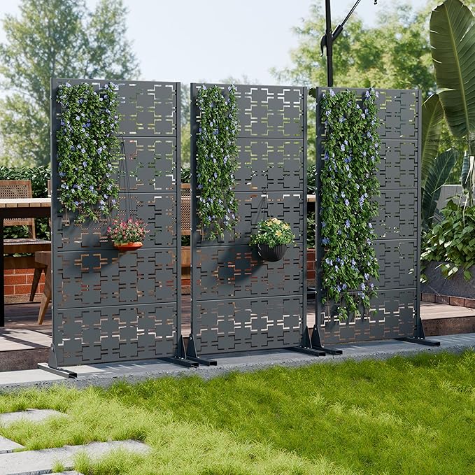 Casaphoria Metal Privacy Screen Outdoor, 60" x 30" W Freestanding Decorative Privacy Screen for Patio Deck Balcony Garden with Stable Base, Drakgrey-Brick