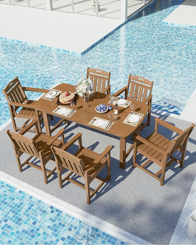 Ciokea HDPE Outdoor Dining Set, 7-Piece Patio Table and Chairs Set with Umbrella Hole, All-Weather Patio Dining Sets for 6, Durable Patio Furniture for Backyard, Garden, Lawn & Poolside, Teak