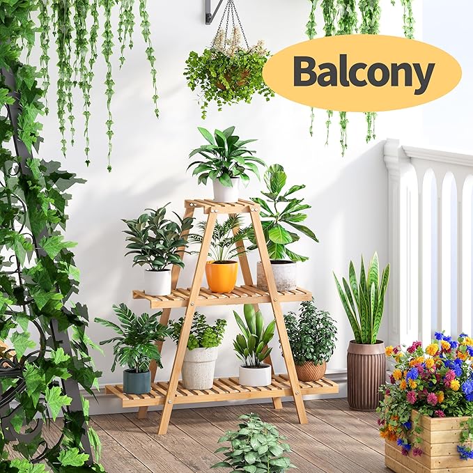 Bamboo Plant Stand - Indoor/Outdoor 3 Tier Plant Ladder, 8 Potted Flower Holder, Natural