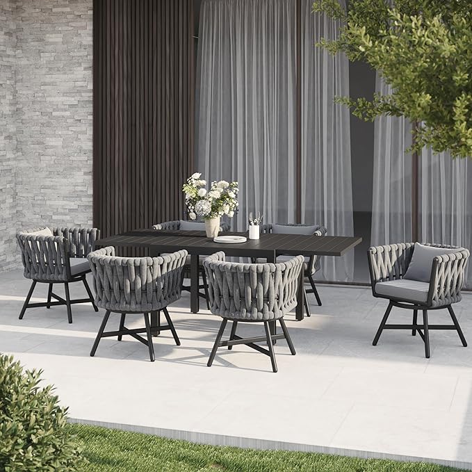 Grand patio 7-Piece Outdoor Dining Set for 6, Patio Dining Furniture Set for 6 Swivel Rope Wicker Chairs & 1 Expandable Rectangular Dining Table, Dark Gray