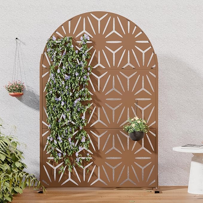 Casaphoria Metal Privacy Screen Outdoor, 72" H x 47" W Arched Freestanding Decorative Privacy Screen for Patio Deck Balcony Garden with Stable Base, Brown-Star