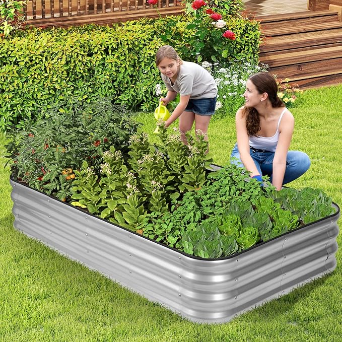 1MORE Raised Garden Bed -5X3X1 Galvanized Planter Box for Outdoor Gardening,4 in 1 Modular Raised Bed Kit with Protective Tape, Gloves for Herb,Ideal for Vegetables and Plants.Sliver-1Pcak