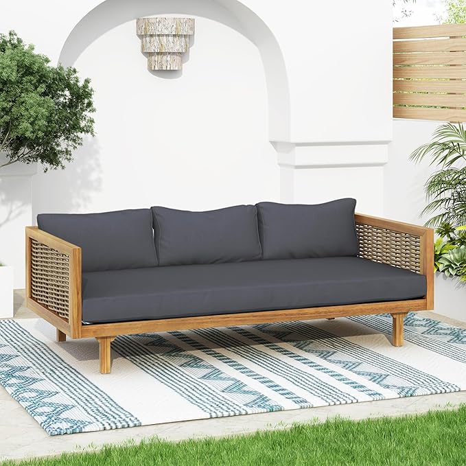 Merax 67.5" Outdoor Patio Daybed 3 Seater Sofa Bed,Acacia Wood Frame with Rattan Arm,Cushion & Pillow for Garden