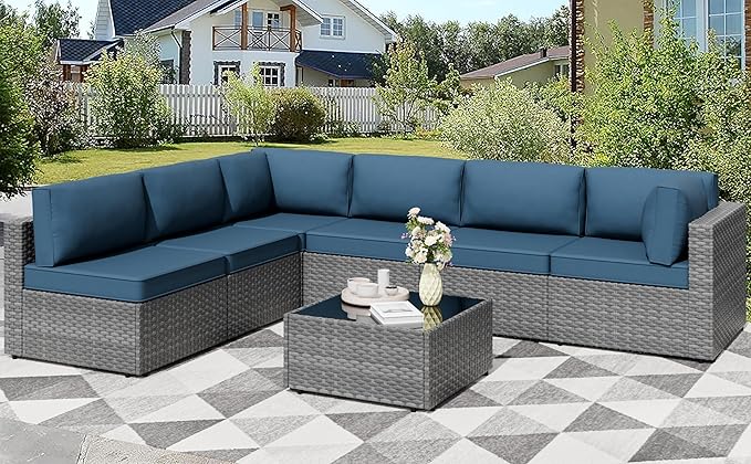 Shintenchi 7 Pieces Outdoor Patio Furniture Sets, Patio Sectional Sofa Couch, Silver Gray PE Wicker Furniture Modular Patio Conversation Sets Patio Sofa with Washable Cushions (Aegean Blue)