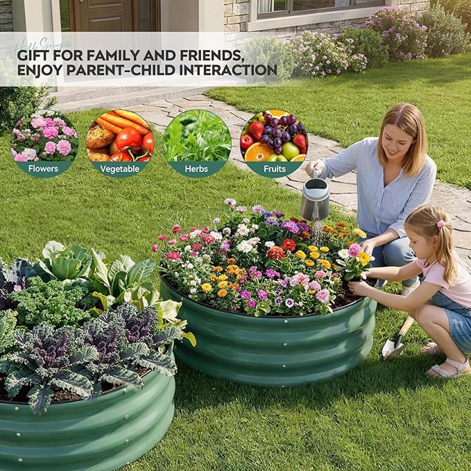 ZORMY Galvanized Raised Garden Bed Outdoor, Round Metal Planter Boxes 2 Pcs, 3x3x1ft Steel Raised Bed Kit for Planting Vegetables, Fruits, Flowers(LotusGreen)