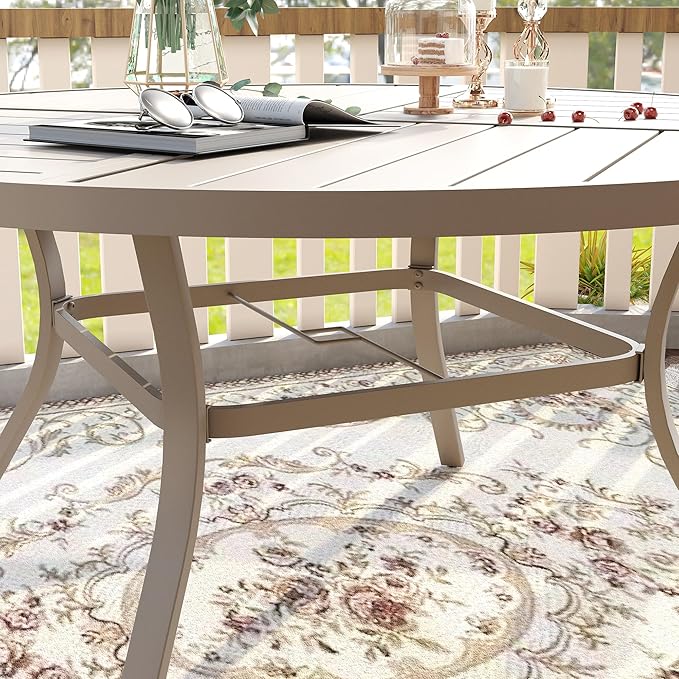 VICLLAX 50" Outdoor Round Patio Table with Umbrella Hole, All Weather Metal Round Outdoor Dining Table for Lawn Garden, 6-8 Person Table, Sandshell