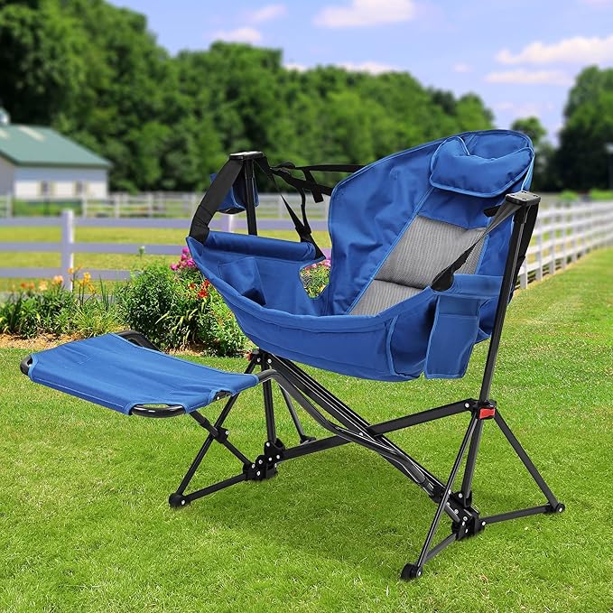Ainfox Hammock Camping Chair with Footrest, Foldable Portable Rocking Chairs for Adults Outside Swinging Camp with Cup Holder Pillow for Outdoor Patio Poolside (Blue)