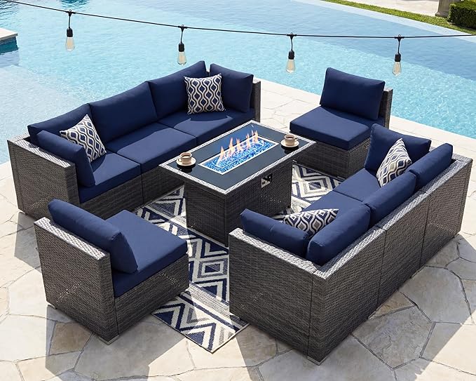 NICESOUL 9 Piece Large Outdoor Patio Furniture Set with Fire Pit Table Gas/Propane, 29.3'' High Back Rattan Modular Sectional Sofa, Extra Wide Conversations for Backyard, 2 Color Cushion Navy & Gray