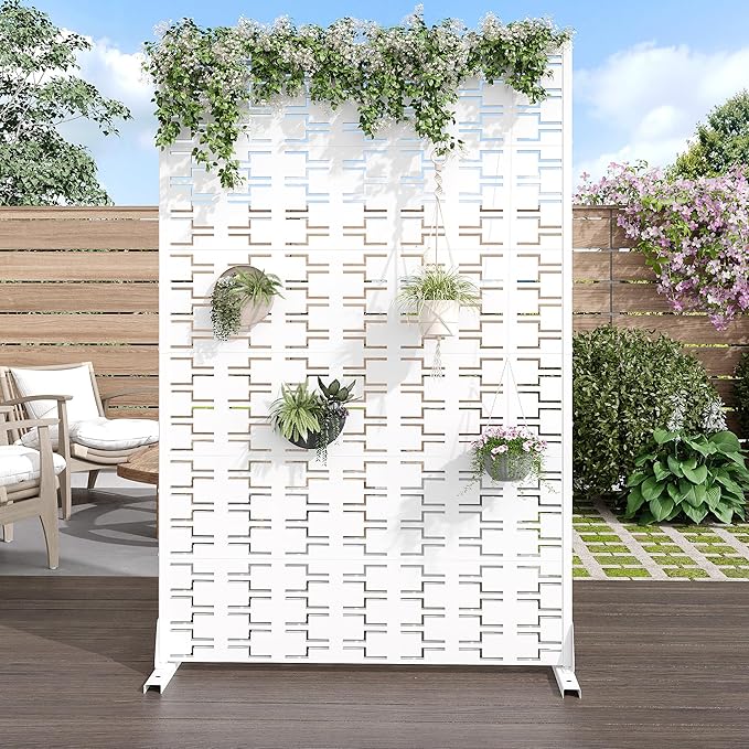 Casaphoria Metal Privacy Screen Outdoor, 72" H x 47" W Freestanding Decorative Privacy Screen for Patio Deck Balcony Garden with Stable Base, White-Brick