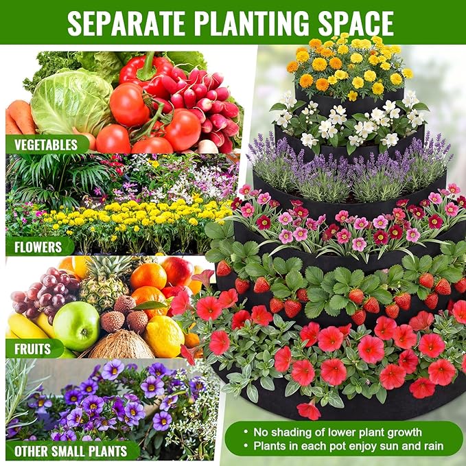6 Tiered Strawberry Planter for Outdoor Plants, 47 Inch Heavy Duty Strawberry Tower Planter Grow Bags, Breathable Non Woven Fabric Raised Garden Bed for Vegetables Flower Herbs Gardening