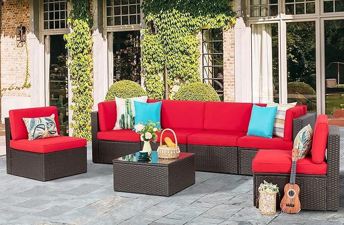 Vongrasig 7 Pieces Patio Furniture Sets, Outdoor Modular Sectional Sofa Patio Conversation Set PE Rattan Wicker Sectional Couch with Cushion, Glass Table for Patio, Garden, Poolside, Red