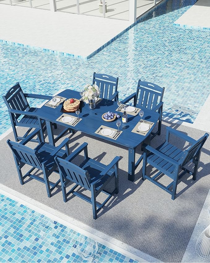 Ciokea HDPE Outdoor Dining Table with Umbrella Hole,66" Rectangle Patio Table for 6,All-Weather Outdoor Patio Furniture Set for Garden Backyard,Navy Blue
