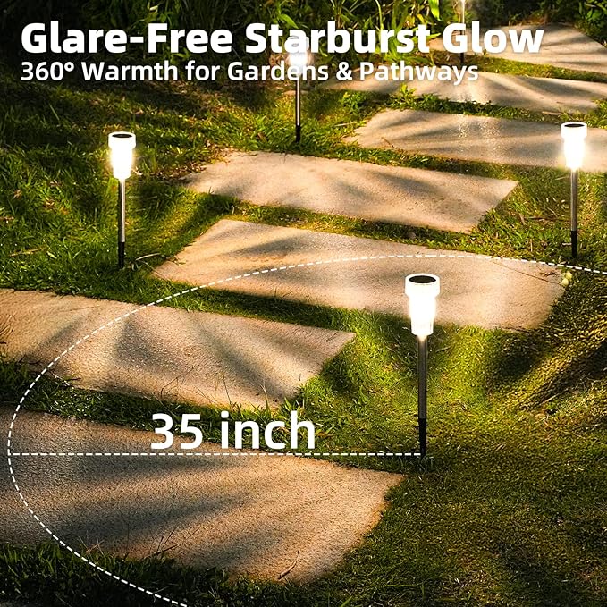 DERAYSION 12 Pack Solar Pathway Lights Outdoor, Auto Dusk-to-Dawn Landscape Garden Lighting, Waterproof Stainless Steel Pole Lighting for Path, Yard, Walkway, Garden, Driveway