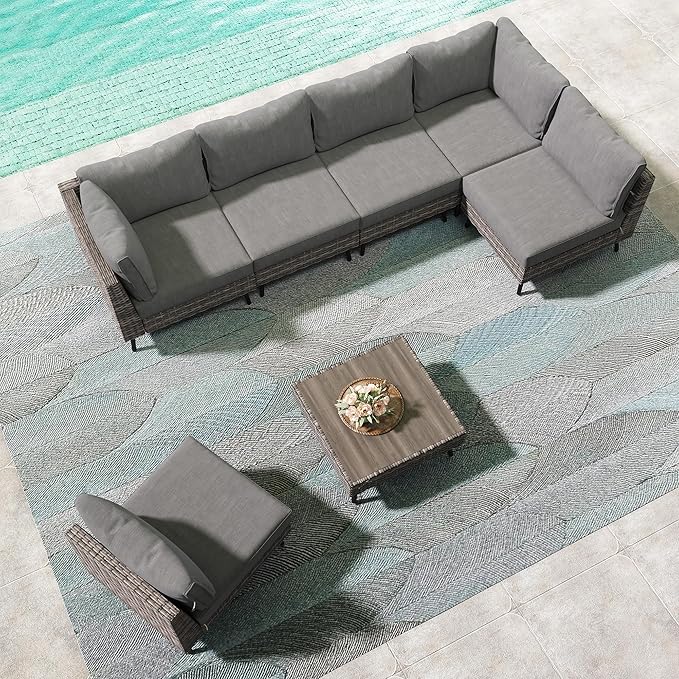 LAUSAINT HOME Outdoor Patio Furniture, 7 Piece Outdoor Sectional Sofa PE Rattan Wicker Patio Conversation Sets, All Weather Patio Furniture Set with Thick Cushions for Garden, Backyard (Grey)