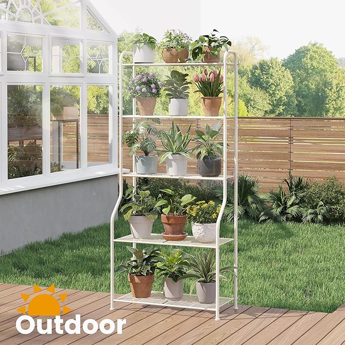 5-Tier Corner Plant Stand, Metal Black Flower Pot Rack, Indoor Outdoor Heavy Duty Shelf (Cream, 5 Tier)