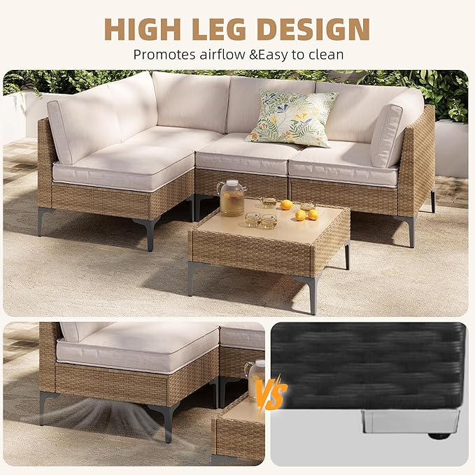5-Piece Patio Furniture Set, Outdoor Wicker Sectional Sofa with Coffee Table, Anti-Slip & Thick All-Weather Cushions for Party, Garden, Backyard, Beige