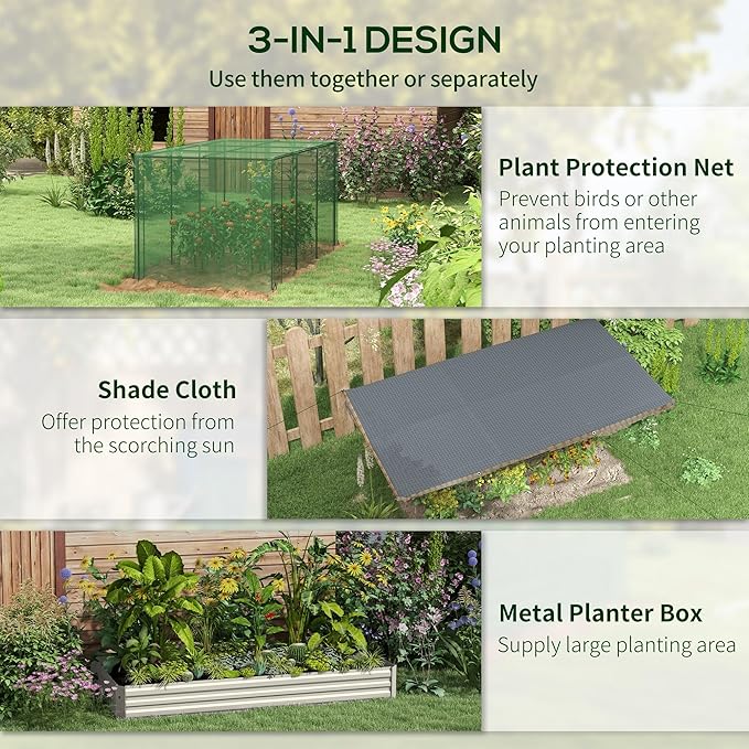 Outsunny 7.3 x 3.4 x 1 ft Galvanized Raised Garden Bed with Crop Cage Plant Protection Net and Shade Cloth Roof, Metal Planter Box with Cover for Vegetables, Flowers, Herbs, Beige