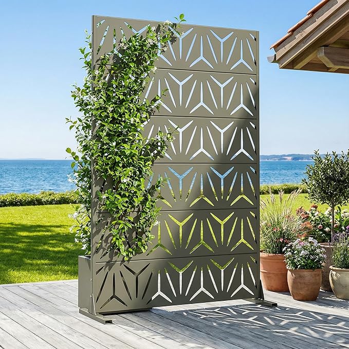 Casaphoria Metal Privacy Screen Outdoor, 72" H x 47" W Freestanding Decorative Privacy Screen for Patio Deck Balcony Garden with Stable Base, Green-Star