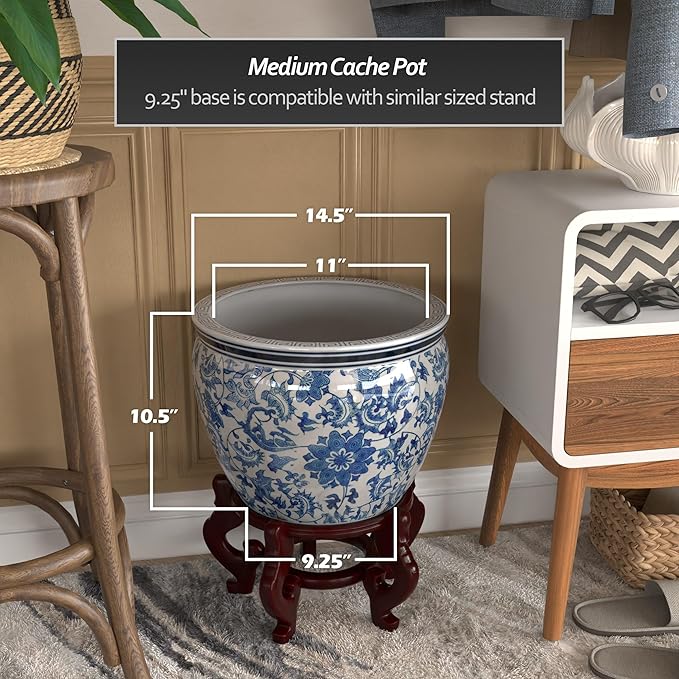 Red Lantern 14" Floral Blue & White Porcelain Fishbowl Planter or Cachepot for Indoor/Outdoor Use in Garden Entryway Living Room Boho Eclectic Modern Contemporary Classic Traditional Style Decor