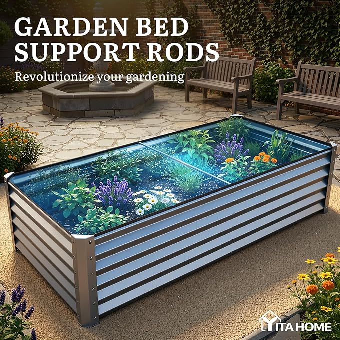 YITAHOME 8x4x1.5ft 2pcs Large Raised Garden Bed Kit, Galvanized Metal Planter Box with Gloves, Ground Nails & Safety Rubber, Outdoor Above Ground Planters for Plants Vegetables Flowers, Silver