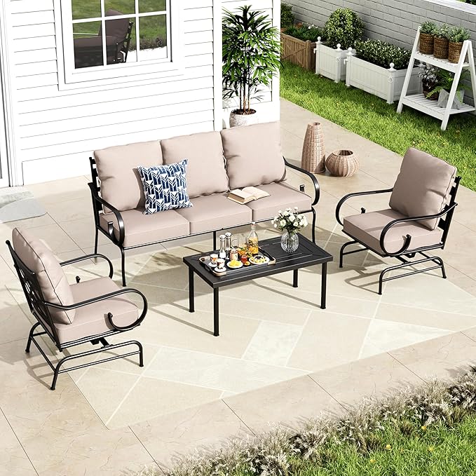 MFSTUDIO 5 Seats Large Metal Patio Conversation Sets, 4 Pieces Outdoor Patio Furniture Sofa with 2 Motion Chairs, 1 3-seat Sofa and Table for Outside Balcony Backyard Poolside