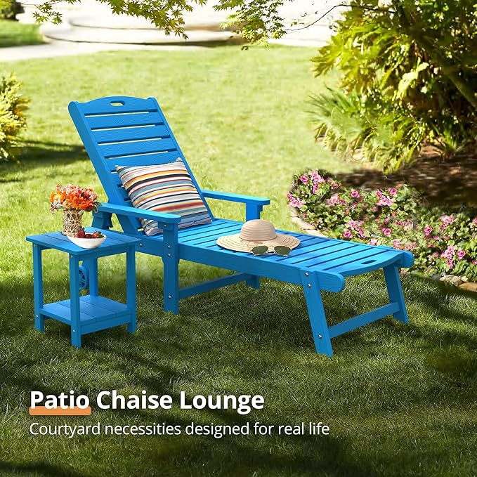 LUE BONA Chaise Lounge Chair with Table, 3-Piece, HDPS Chaise Lounger, 5 Positions Adjustable Lounge Chairs, Pool Lounge Chair with Wheels for Poolside, Backyard, Blue