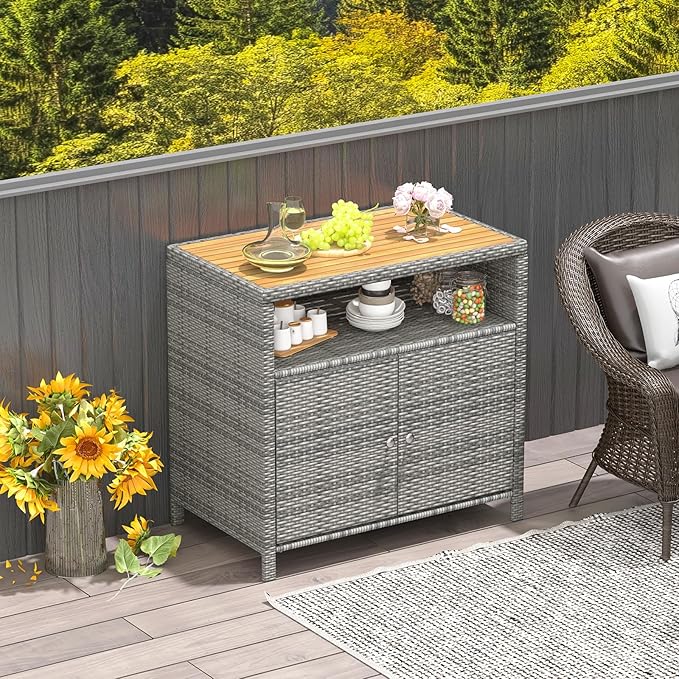 Tangkula Rattan Outdoor Storage Cabinet, Patiojoy Outdoor Cabinet with Acacia Wood Countertop, Open Compartment, 2-Door Wicker Sideboard, Outdoor Bar for Patio Garden Backyard Poolside (Mix Grey)