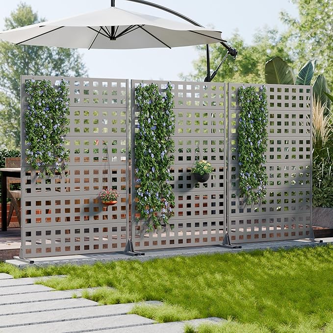 Casaphoria Metal Privacy Screen Outdoor, 72" H x 47" W Freestanding Decorative Privacy Screen for Patio Deck Balcony Garden with Stable Base, Grey-Square