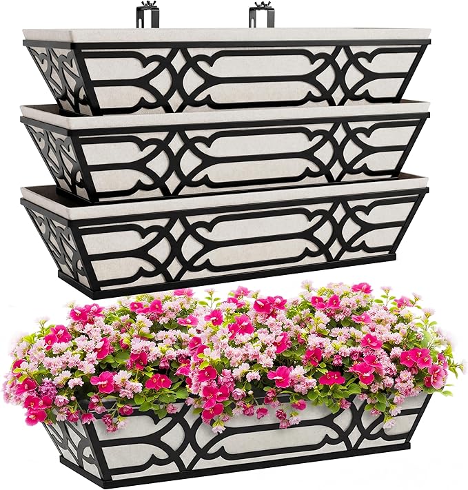 4 Pack 24 Inch Railing Boxes Planter for Outdoor Plants Adjustable Brackets for Porch Fence and Balcony Window Planter Box with Non-Woven Fabric Liner for Hanging Flower Baskets