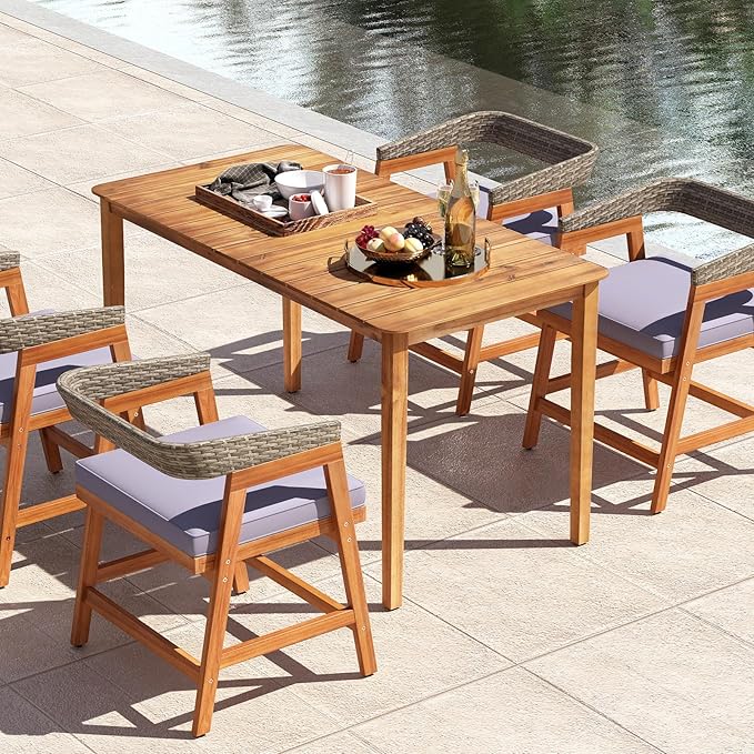 Tangkula 54" Acacia Wood Patio Dining Table for 6, Rectangular 4-6 People Patio Table with Slatted Tabletop, Indoor Outdoor Farmhouse Dining Table for Yard, Garden, Poolside, Deck