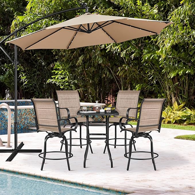 Yaheetech 4 Piece Patio Swivel Bar Stools Texteline Bistro Chairs with High Back/Armrest/Footrest, All Weather Padded Seating Outdoor Furniture Height Outdoor Chairs for Outside, Lawn & Garden