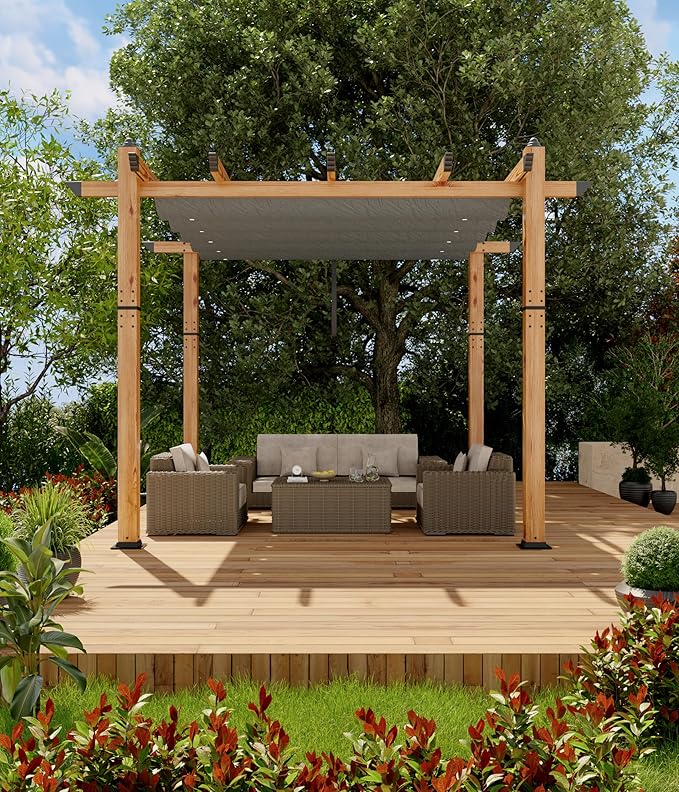 GarveeLife 10 x 10 ft Wood-Grain Aluminum Pergola Outdoor Pergola with Retractable Canopy Sun Shade Shelter for Garde Patio Backyard Deck - Gray