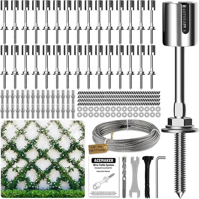 Wire Trellis for Climbing Plants Outdoor, 30-Set Wall Wire Trellis Kit with 1/8in x 150ft Stainless Steel Cable, T316 Espalier System for Fence and Garden DIY Projects