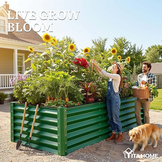 YITAHOME 8x4x3ft Large Raised Garden Bed Kit, Galvanized Metal Planter Box with Gloves, Support Rod & Safety Rubber, Outdoor Above Ground Planters for Plants Vegetables Flowers, Green