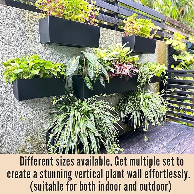 LaLaGreen Wall Planters for Outdoor (2 Pack, 14 Inch) Black Self Watering System Hanging Plant Box Flower Pot, Rectangular Wall Mount Indoor Vertical Living Garden Decoration Window Sill Herb Trendy
