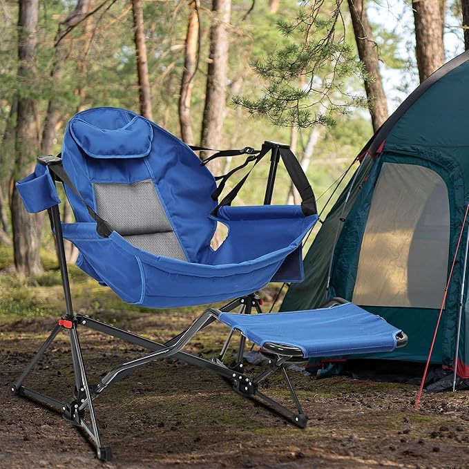 Ainfox Hammock Camping Chair with Footrest, Foldable Portable Rocking Chairs for Adults Outside Swinging Camp with Cup Holder Pillow for Outdoor Patio Poolside (Blue)