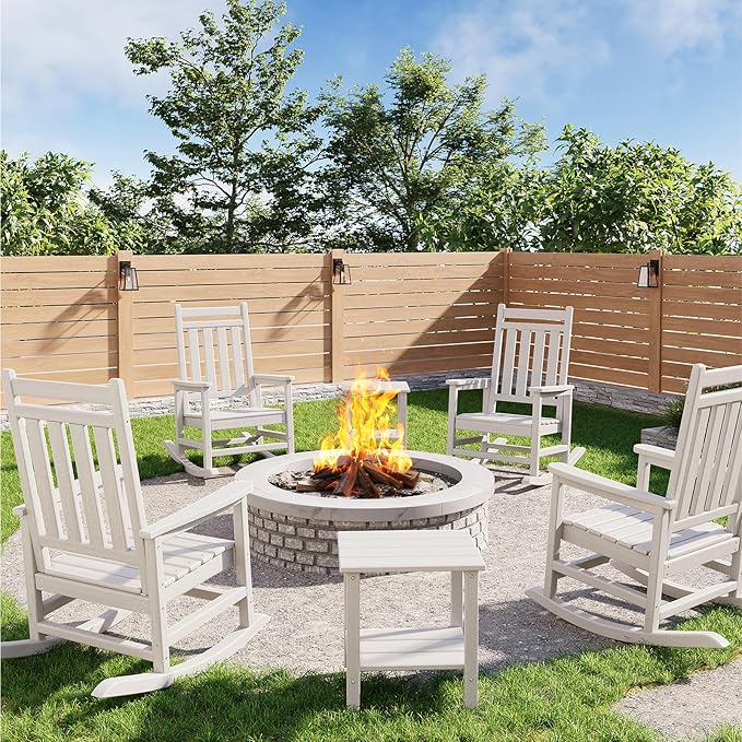 GarveeLife Poly Lumber Rocking Chair Outdoor Set of 4 with 2 Side Table - HDPE High Back Porch Rocker Chairs for Adults - All Weather Resistant Furniture for Patio - White