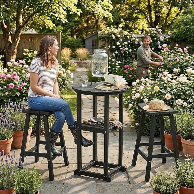 Ciokea 3 Pcs Compact Outdoor Bar Set, Space-Saving Round Bistro Set with 2 Backless Saddle Stools & Storage Shelf, All-Weather HDPE High-Top Table Set for Small Balcony, Patio and Poolside, Black