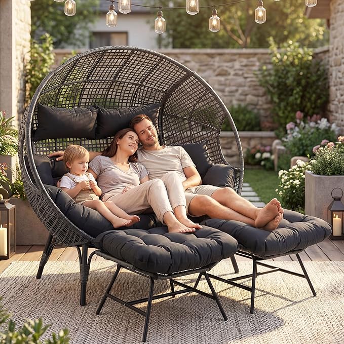 NICESOUL Indoor Outdoor Double Egg Chair with Footrest Padded Cushion, Oversized Wicker Twin Egg Shaped Chair Wide Seater with Ottoman, 2 People Loveseat Gray for Patio Porch Balcony