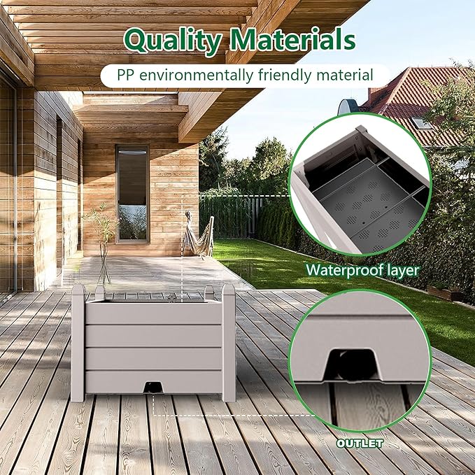 Raised Garden Bed, 21 Gallon Self-Watering Outdoor Raised Planter Box with Drainage Plug and Gauge for Vegetables, Flowers and Herbs, Durable Rustproof Resin for Backyard Patio Porch (Grey)