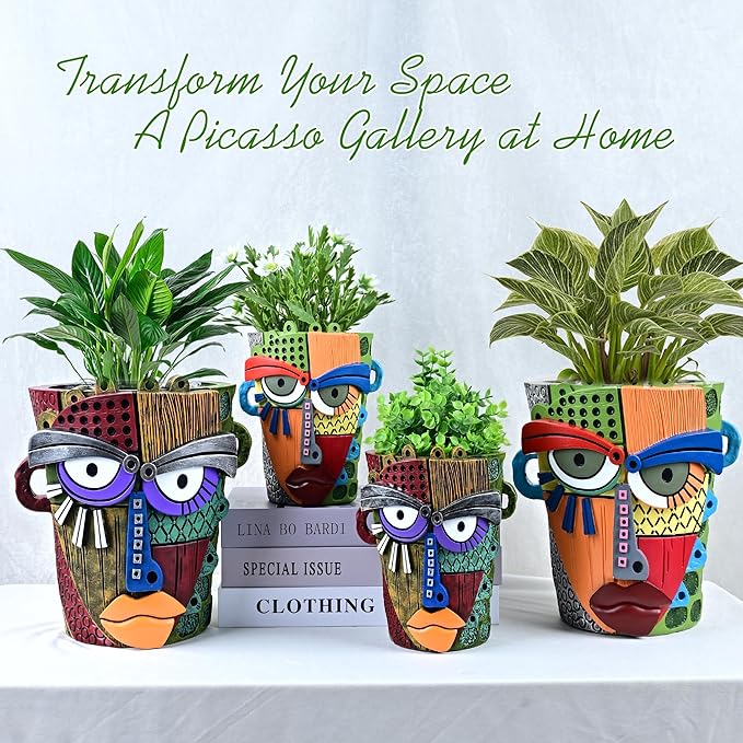 Abstract Face Planter Pots for Plants,Hand-Painted Colorful Flower Pots with Drainage, Indoor Outdoor Garden Decor Gift(Classic,Large)