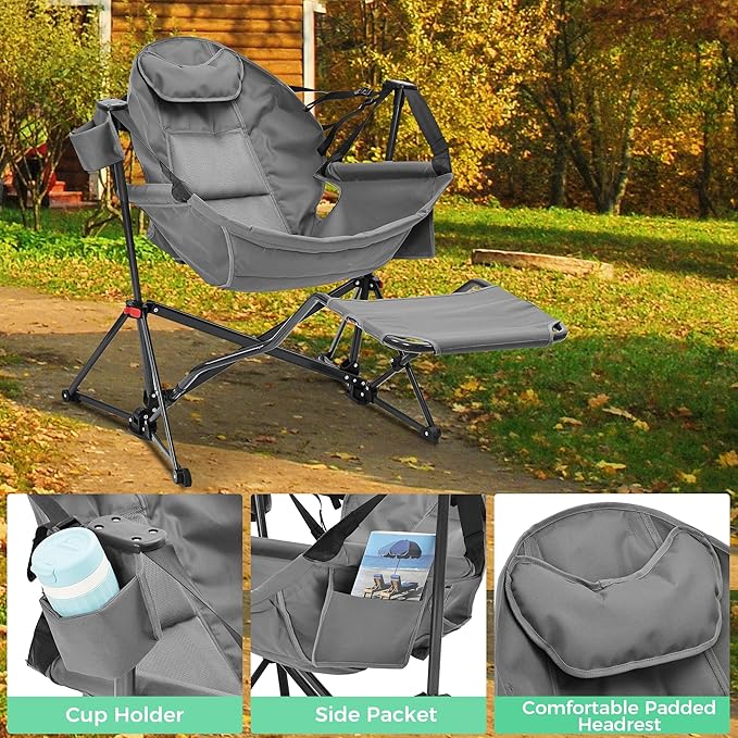 Ainfox Hammock Camping Chair with Footrest, Foldable Portable Rocking Chairs for Adults Outside Swinging Camp with Cup Holder Pillow for Outdoor Patio Poolside (Dark Grey)
